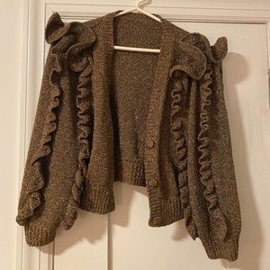 Ulla Johnson Sparkly Gold Cardigan w/ Ruffle Sleeves